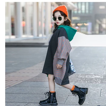 

Girls Winter Sweatshirt Dress 2020 Baby Hoodies Dress Kids Long Sweatshirt Velvet Children Warm Outfit Patchwork Strip,#5688
