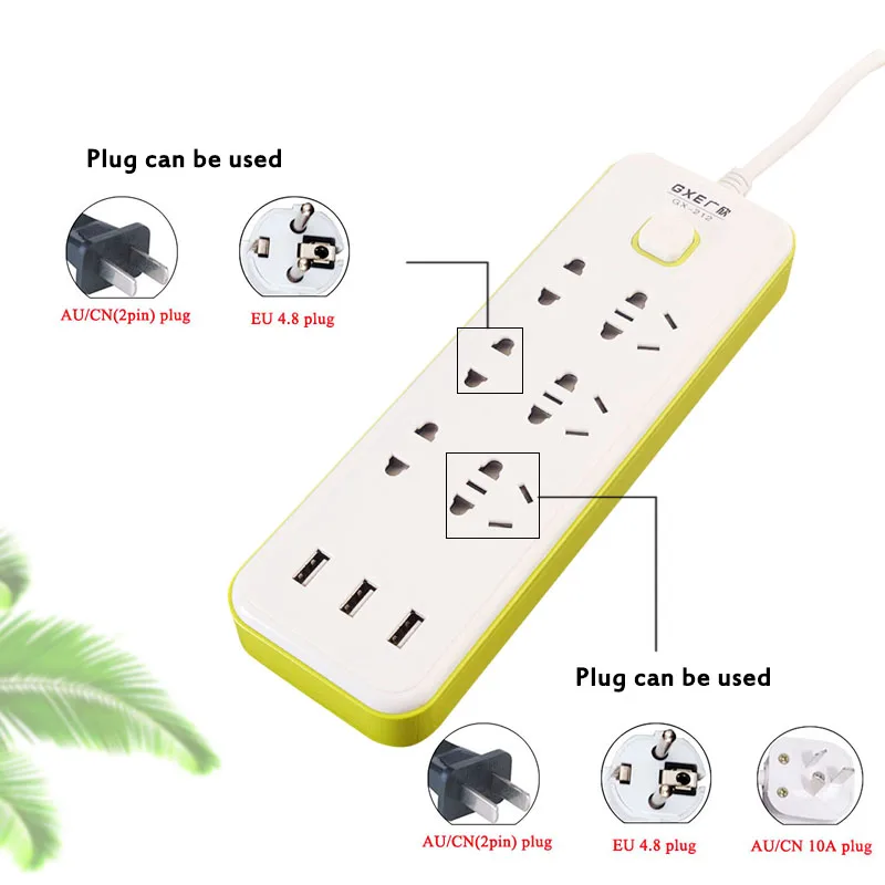 Протектор для экрана сенсорного Мощность полосы 2/3 USB Стандартный Plug расширители Выход переключатель управления 10A 220V 2500W