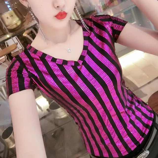 

V-neck t-shirt women's short sleeve tight fashion 2020 summer coat gauze red black white stripe women's half sleeve shirt