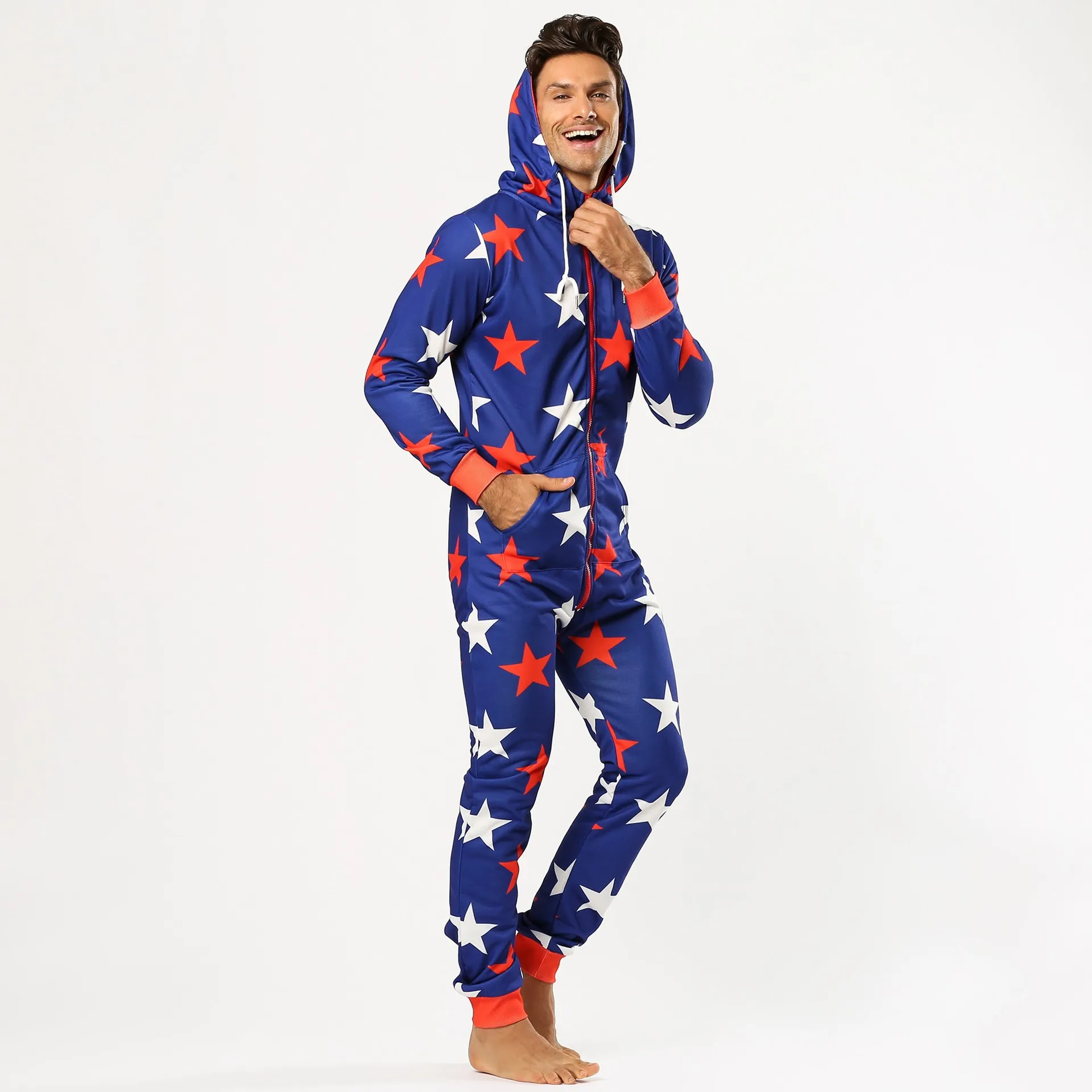 Men Warm Onesie Five pointed Star Print Sleep Lounge Adult Sleepwear One Piece Pyjamas Male Jumpsuits Hooded Onesies