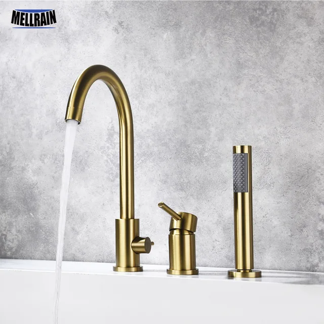 3หลุม Deck Mount อ่างอาบน้ำก๊อกน้ำ100% ทองเหลืองดึงออกก๊อกน้ำอ่างอาบน้ำร้อนและเย็น Water Tap 1