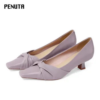 

2020 PENUTA purple shoes women genuine leather med heel ladies knot shoes new designer square toe Fashion Pumps black G0118