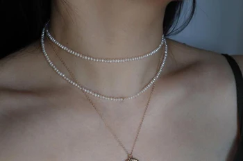 

2 strands 2mm bright white pearl choker necklace gold clasp natural Freshwater PEARL Women Jewelry 17'' 43cm 35cm