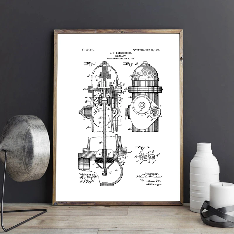 Fire-Hydrant-Patent-Fire-Fighter-Poster-Wall-Art-Canvas-Painting-Vintage-Blueprint-Fire-House-Art-Prints