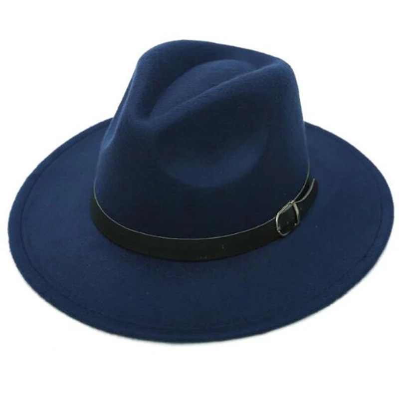 Топ Джаз Шляпа Fedora для мужчин и женщин Имитация шерсти зимние женские фетровые шапки мужские модные черные фетровые шапочки Sombrero Mujer - Цвет: Deep blue