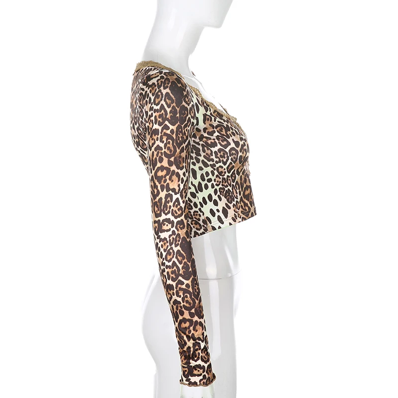 IAMSURE Autumn Streetwear Fashion Leopard Print Lace Edge Women Cardigan Blouses Sexy Deep VNeck Fitness Aesthetic Cropped Shirt