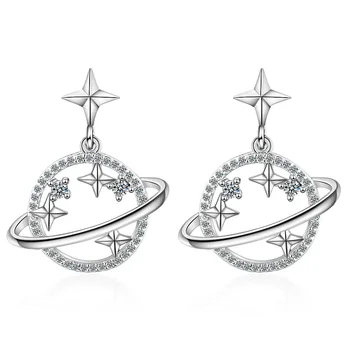 

Glittering Universe Planet Star Zircon Dangle Earrings With Silver Color Sweet Earring For Women