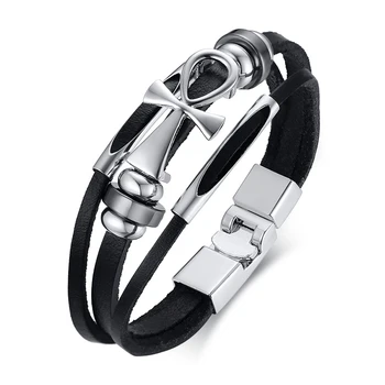 

Stainless Steel Cross Anklet Mens Leather Wristband Multilayer Bracelet Egyptian Crux Anklet Male Jewelry