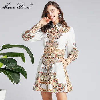 

MoaaYina Fashion Designer dress Spring Autumn Women's Dress Lantern Sleeve Beading Print Vacation Party Dresses