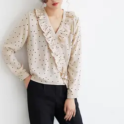 2019 Осенняя новая простая шифоновая волнистая в горошек рубашка гофрированная строчка v-образным вырезом темпераментная Свободная блузка
