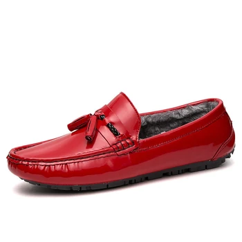 

JINANDYU Men's Winter Loafers Shoes 2020 Winter Warm Casual patent Leather shoes men Moccasins Flats Men Driving Car Shoes