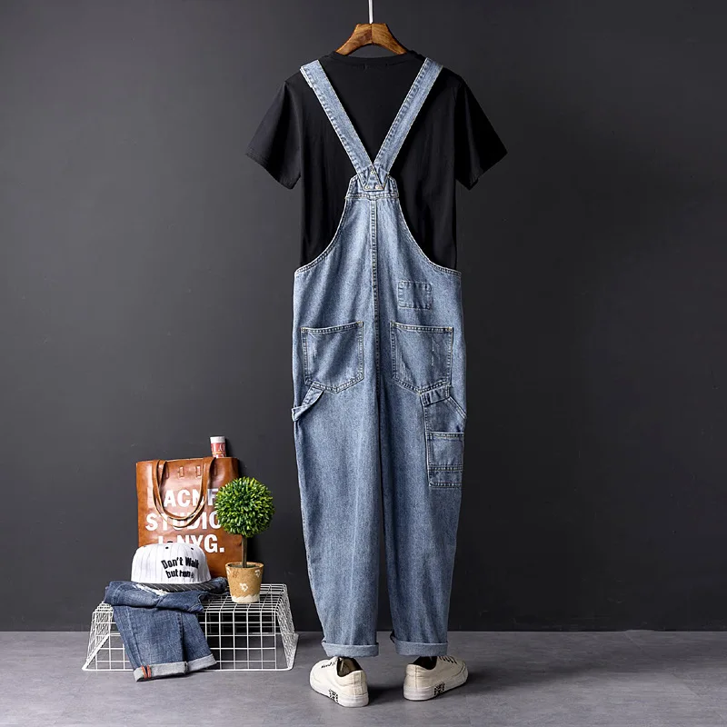 Europe And America Men Denim Bib Overalls Loose Retro Fashion Hip Hop Streetwear Jumpsuit Blue Jeans Pants Freight Trousers