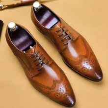 2019 Handmade Vintage Retro Mens Oxford Shoes 100% Genuine Leather Pointed Toe Carving Formal Dress Wedding Suit Shoes