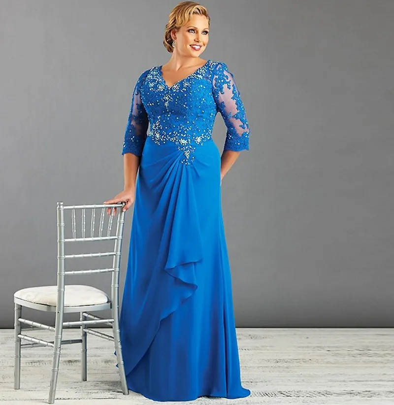 

2022 Blue Plus Size Long Mother of The Bride Dresses Half Sleeve Chiffon Lace Appliques Wedding Groom Party Gowns Robe De Soiree