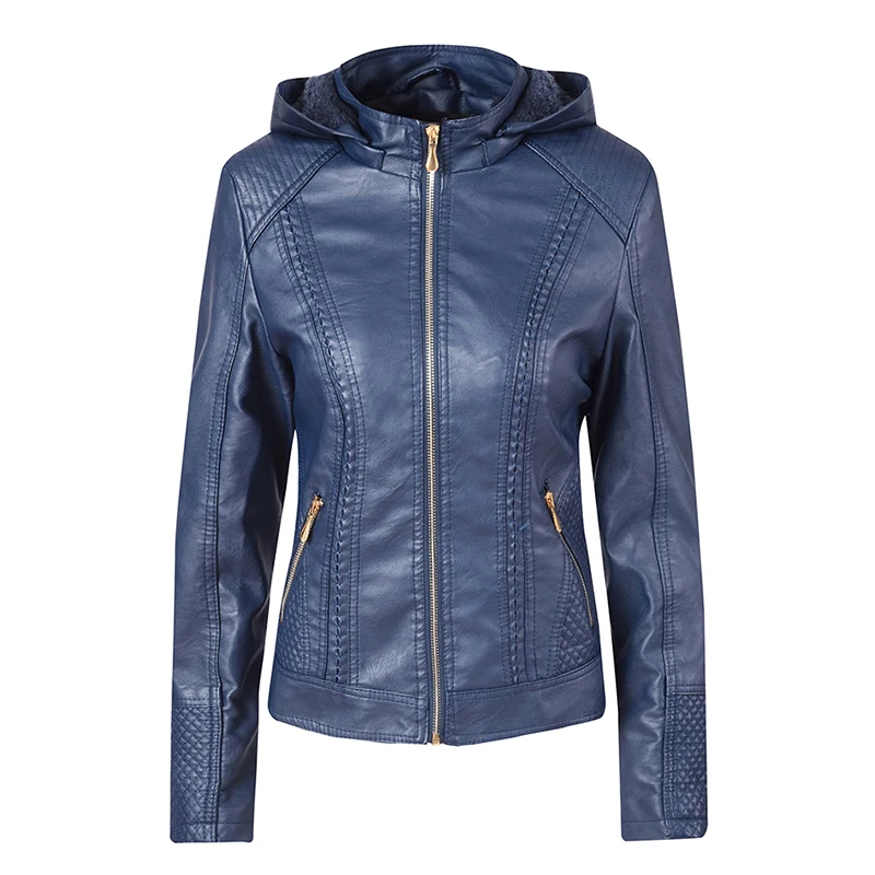 Winter warm jackets Zipper PU Hooded Coat Short Jacket Slim Biker style slim fashion ladies Outerwear