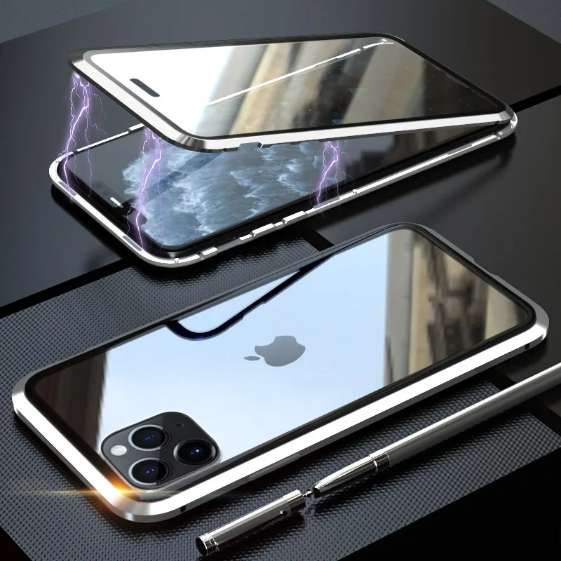 Магнитный металлический чехол для телефона iPhone 11 Pro Max двухсторонний стеклянный X