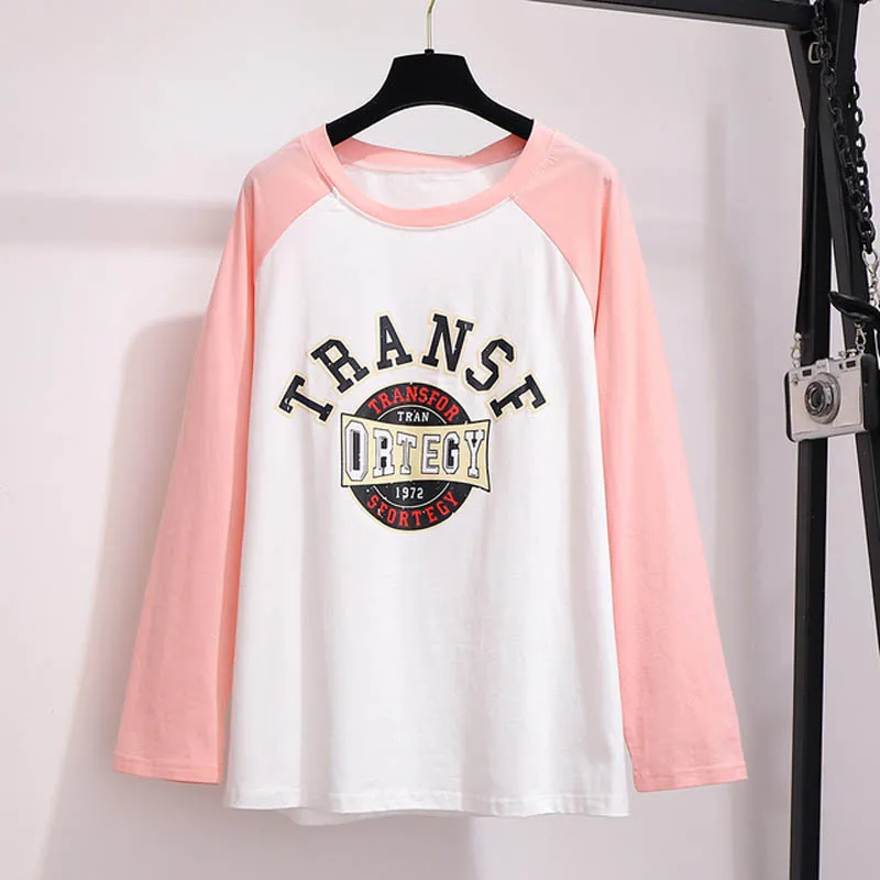 Осенняя женская футболка, большие размеры, обхват груди 149 см, 5XL, 6XL, 7XL, 8XL, 9XL, футболка с круглым вырезом, женская футболка с длинным рукавом, цвета: черный, розовый