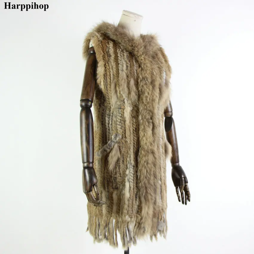 grass yellow Натуральный меховой жилет из натурального кроличьего меха, вязаный жилет с капюшоном, длинное пальто, куртки для женщин, зимняя V-211-05 - Цвет: grass yellow