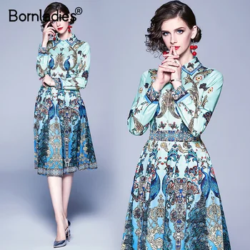 

Bornladies Women Party Dresses 2020 Runway Designer Long Sleeve Blue Peacock Floral Midi Dress Vestidos de verano robe