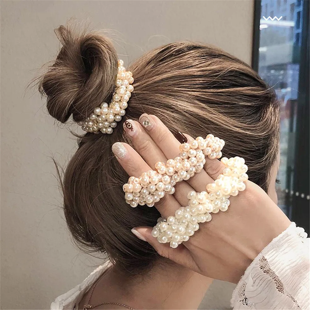 6 Colors Woman Elegant Pearl Hair Ties Beads Girls Scrunchies Rubber Bands Ponytail Holders Hair Accessories Elastic Hair Band black head scarf