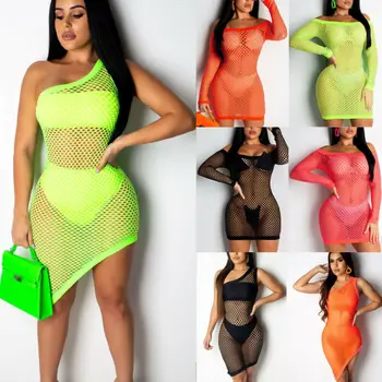 

Womens Crochet Fishnet Mesh Swimwear Oblique shoulder irregular stitching Summer Beach pool party Dress Sheer Bikini Cover Up