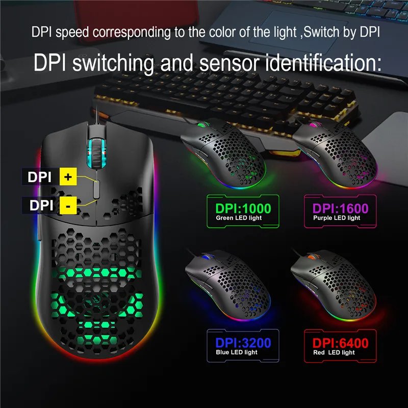 Wired Gaming Mouse LED Light USB Mouse with Honeycomb Shell 6400 DPI Gaming  Mice