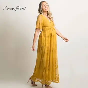 

Maternity Dresses for Photo Shoot Summer V Neck White Lace Short Sleeve Pregnancy Dress Pregnant Women Photography Maxi Dress
