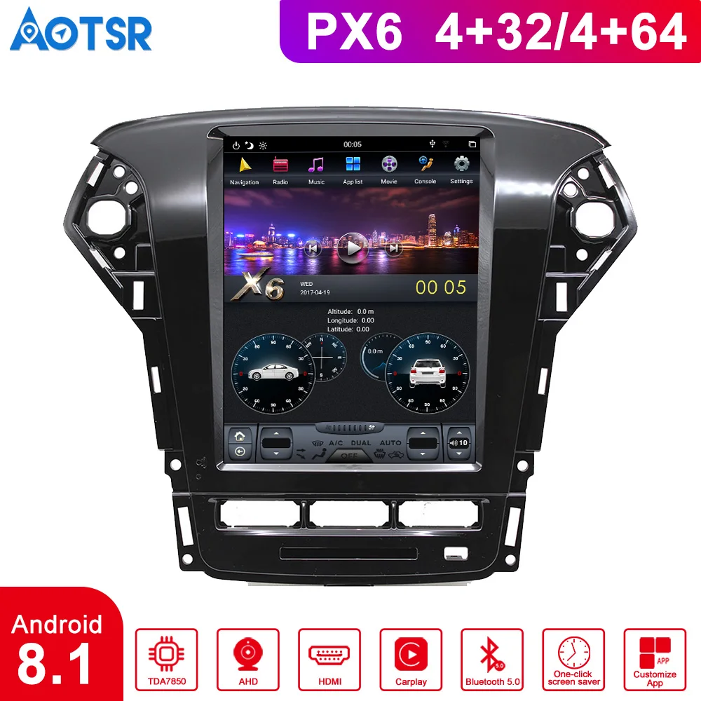 PX6 4+ 64 Tesla стиль Android 8,1 автомобильный мультимедийный плеер для Ford Mondeo Fusion MK4 2011 2012 2013 gps навигация радио большой экран