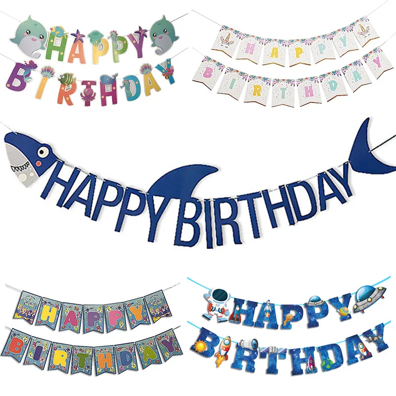 Boy &amp Girl Birthday Flags Flamingo Unicorn Ballet Aerospace Shark Seabed Ocean Theme Party Paper Bunting Kindergarten Decoration | Дом и