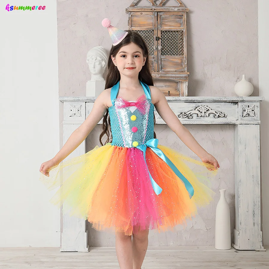Girls Clown Outfit Fancy Dress Costume Circus Carnival Kids Sparkly Birthday Party Photo Tutu Dresses Rainbow Ball Gown Clothes