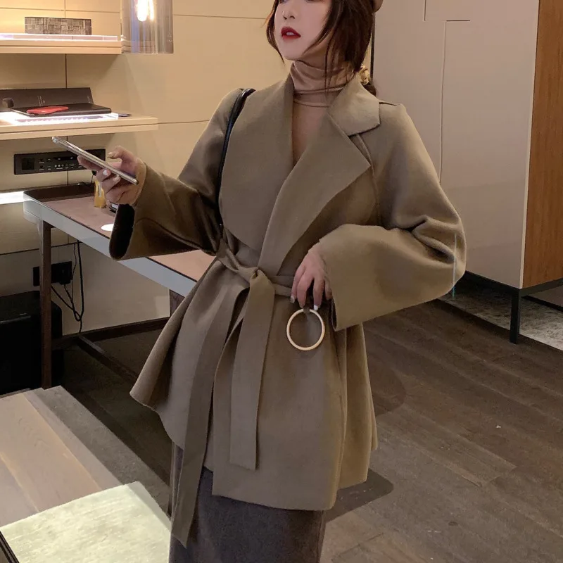Abrigos Mujer Invierno осенне-зимнее манто для женщин Vogue пояс свободный сплошной цвет Eleagnt дамское длинное твидовое шерстяное пальто для женщин