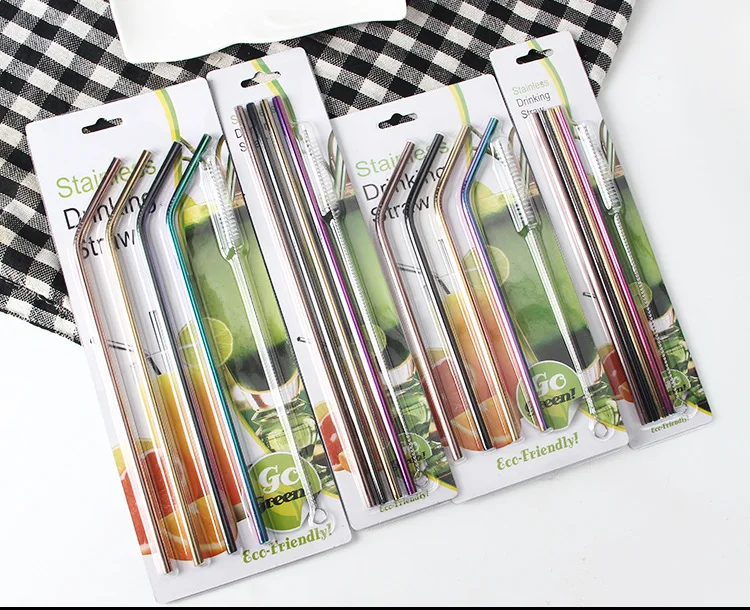 10sets Color Stainless Steel Straw Set Mirror Polished Sucker Beverages Curved Straw Drinks 4 Straw and 1 brush