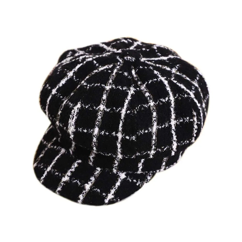 Kids Baby girls classic plaid fabric beret cap dome octagonal hat baseball casquette