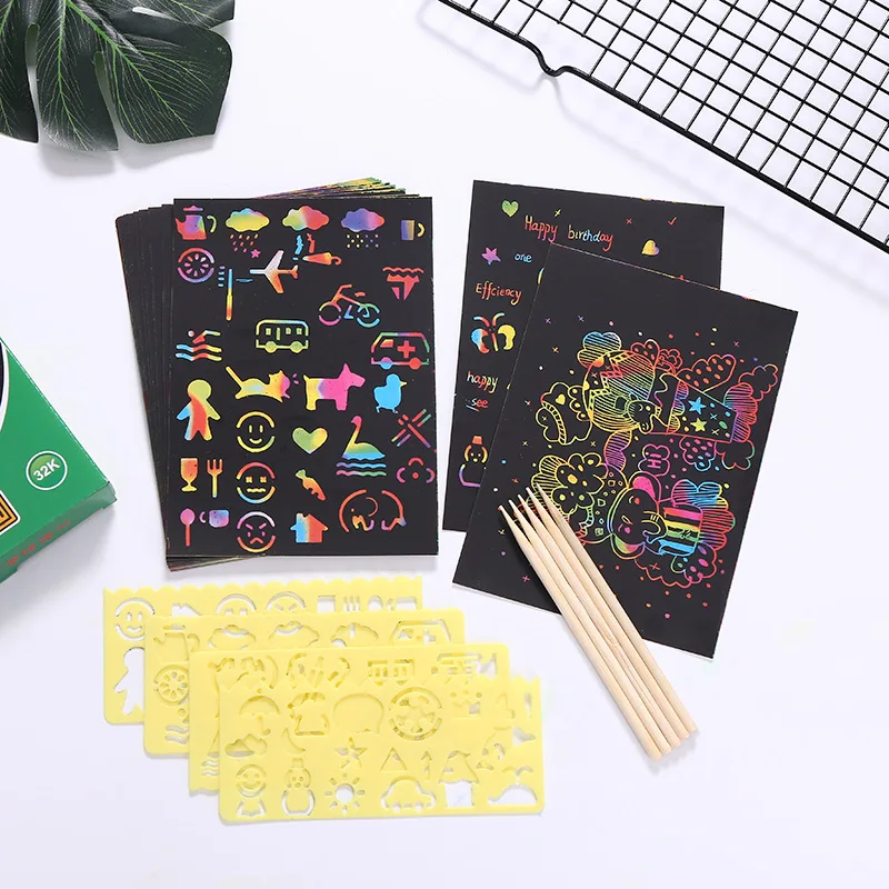 

50 Pcs 5 Pens Magic Scratch Art Doodle Pad Sand Painting Cards Early Educational Learning Creative Drawing Toys for Children