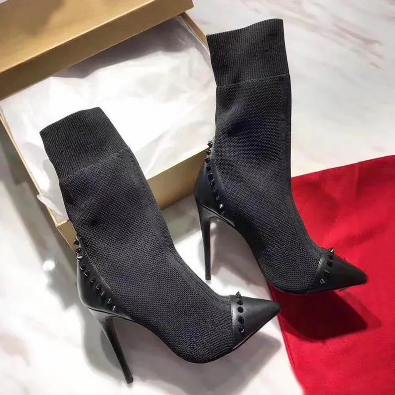 

Rivet Socks boot Red bottom High Heel ankle Ankle Boots Scarpins Studded Fashion Brand Designer Women short Booties