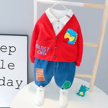 

Boys' Autumn Cartoon Dinosaur Cute Cardigan Three-piece Korean-style Gentleman Outing Suit Baby Girls Combed Cotton Print Casual