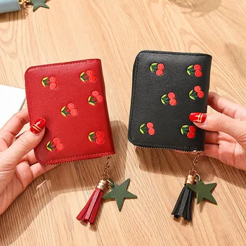 

Short Cherry Embroidered Wallet New Student Simple Fashion Wallet Zipper Tassel Coin Purse for women luxury designer wallets