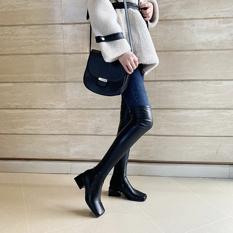 Genuine leather Women thick high heels over the knee high Boots square toe casual motorcycle Shoes lace up Woman boots