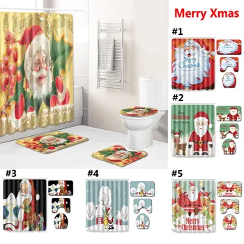 

2020 4pcs Combination Christmas Bathroom Floor Mat Toilet Mat Shower Curtain