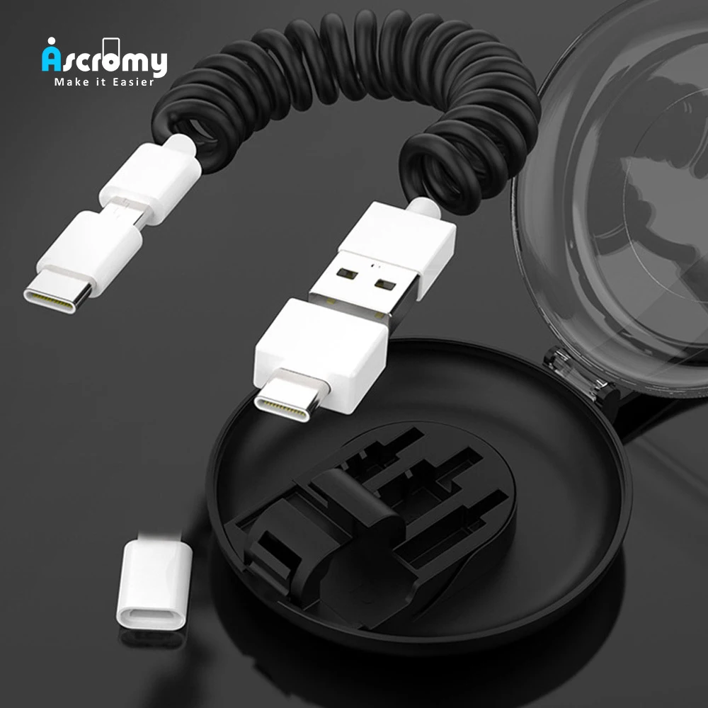 

Ascromy 3in1 USB Spring Phone Charging Cable For iPhone Samsung Multi Retractable Fast Car Charger Type Micro USB Port Portable
