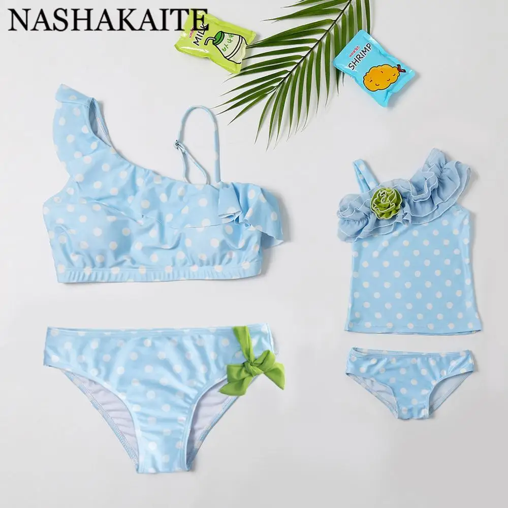 NASHAKAITE/одинаковый купальный костюм для мамы и дочки в синий горошек с цветком на