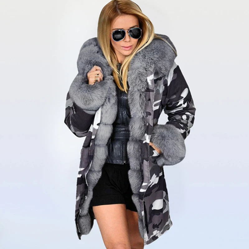 Теплая камуфляжная куртка из искусственного меха, модная теплая роскошная женская Длинная зимняя куртка с капюшоном, пальто высшего размера плюс XXXL - Цвет: gray