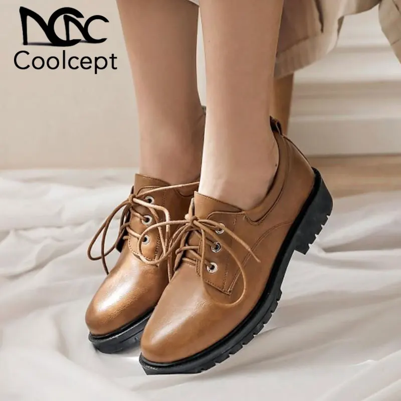 

Coolcept Women Flats Shoes Fashion Lace Up Casual Shoes Women Spring Round Toe Solid Color British Style Footwear Size 34-43