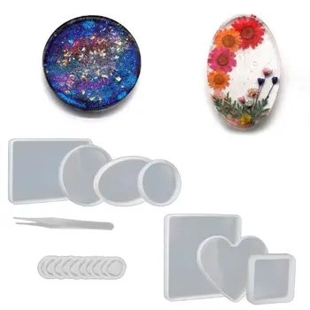 

18Pcs Handmade Coaster Silicone Resin Mold Round Square Rectangle Heart Oval Bottom DIY Molds Kit Jewelry Making Tools