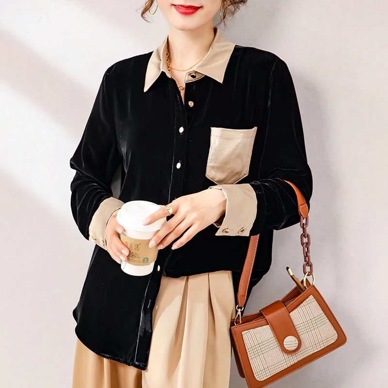 100% Silk Women's Runway Shirts Turn Down Collar