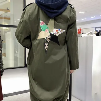 

Autumn Winter Women Long Green Coat Turn-Down Collar Back Colorful Stars Single-Breasted Jacket Ladies Outwear