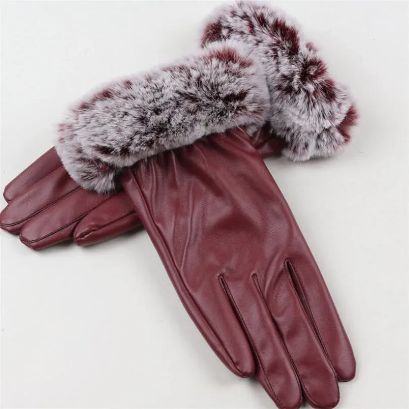 G151 Wool Wine red YGYEEG, модные женские теплые толстые зимние перчатки, кожаные элегантные варежки, свободный размер, мех кролика, женские водонепроницаемые перчатки из искусственного меха - Цвет: G151 Wool Wine red