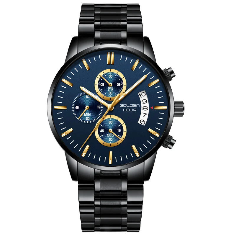 S-blue gold GOLEDNHOUR часы мужские водонепроницаемые наручные часы с кожаным ремешком спортивный хронограф мужские часы календарь кварцевые мужские часы Relogio Masculino - Цвет: S-blue gold