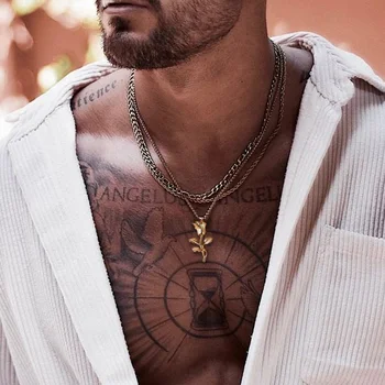 Rose Necklace Men,  Stem Rose Flower Pendant Necklaces, Dainty Minimalist Layered Necklace  Women, Stainless Steel Necklace