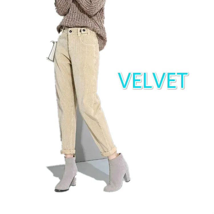 Зимние штаны-шаровары женские брюки с высокой талией женские вельветовые брюки больших размеров свободные спортивные штаны повседневные Черные утепленные бархатные брюки - Цвет: Rice Velvet